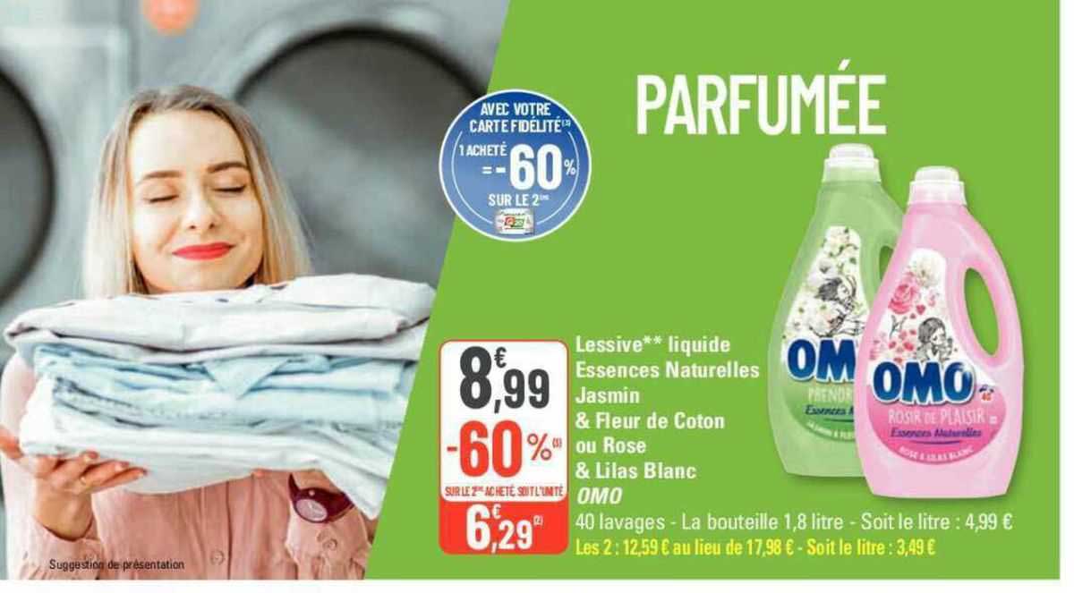 Lessive Liquide Essences Naturelles Jasmin & Fleur De Coton Ou Rose & Lilas Blanc Omo