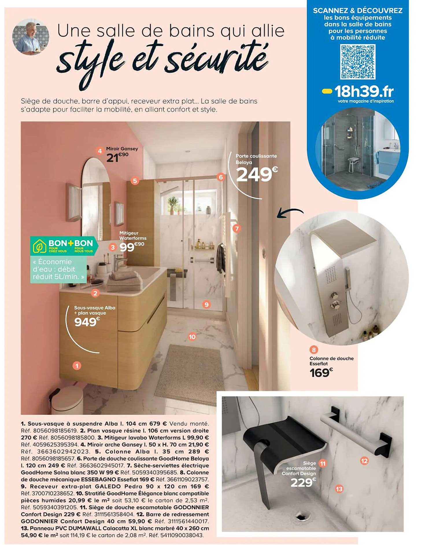 Miroir Gansey, Porte Coulissante Beloya, Mitigeur Waterforms, Sous-vasque Alba + Plan Vasque, Colonne De Douche Esseflat, Siège Escamotable Confort Design