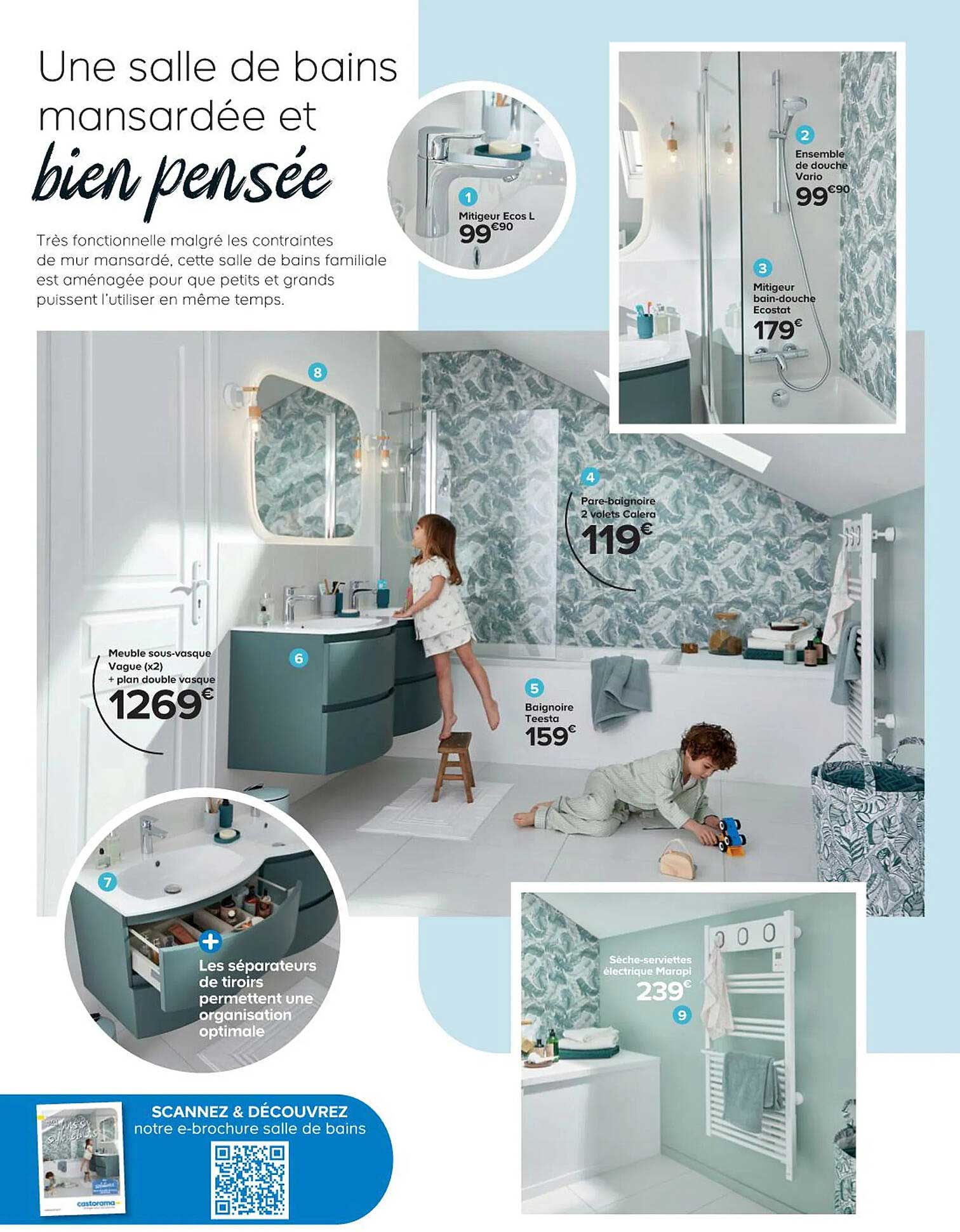 mitigeur ecos l, ensemble de douche vario, mitigeur bain-douche ecostat, pare-baignoire 2 volets calera, baignoire teesta, meuble sous-vasque vague (x2) + plan double vasque, sèche-serviettes