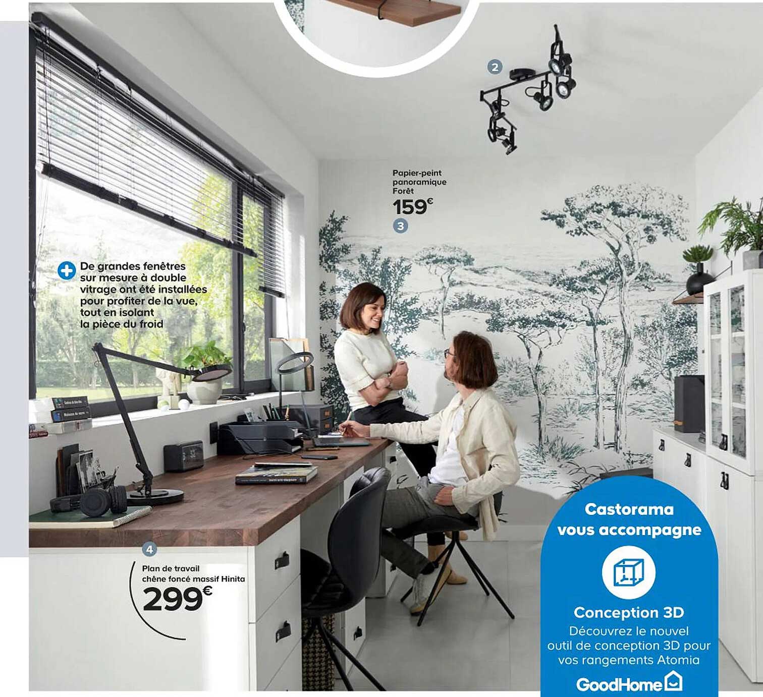 papier-peint panoramique forêt, plan de travail chêne foncé massif hinita