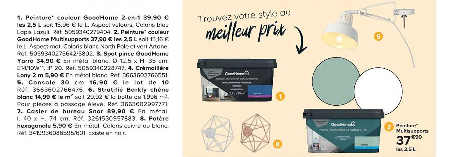 peinture couleur goodhome 2-en-1, peinture couleur goodhome multisupports, spot pince goodhome yarra, crémaillère lony, console 30 cm, stratifié barkly chêne blanc, casier de bureau snor