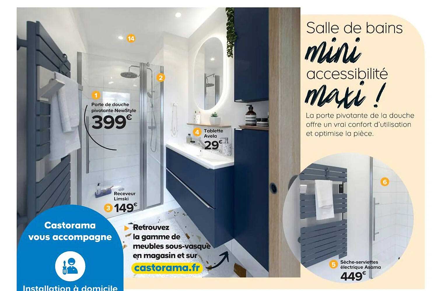 porte de douche pivotante newstyle, tablette avela, receveur limski, sèche-serviettes électrique asoma