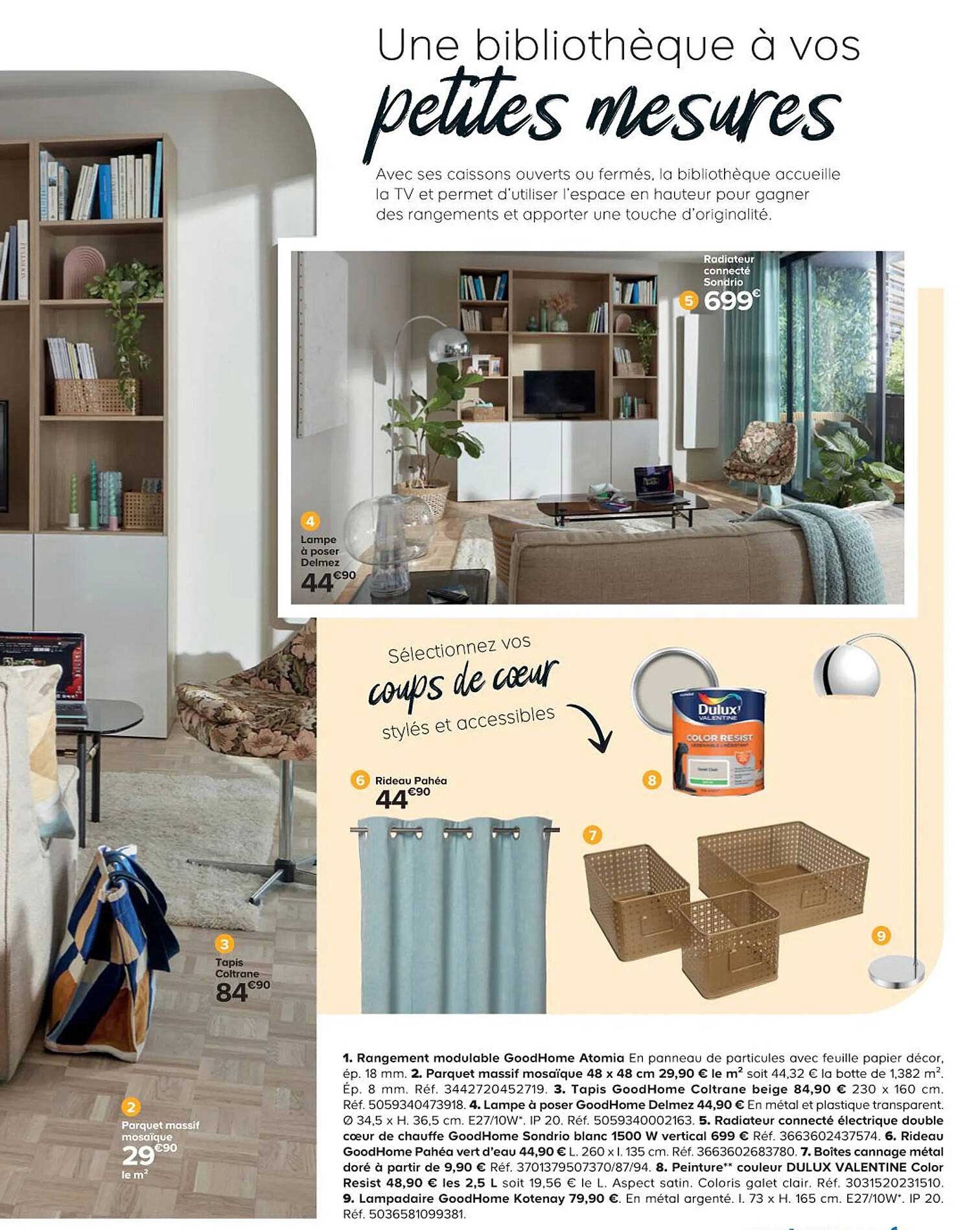 radiateur connecté sondrio, lampe à poser delmez, rideau pahéa, tapis coltrane, parquet massif mosaïque