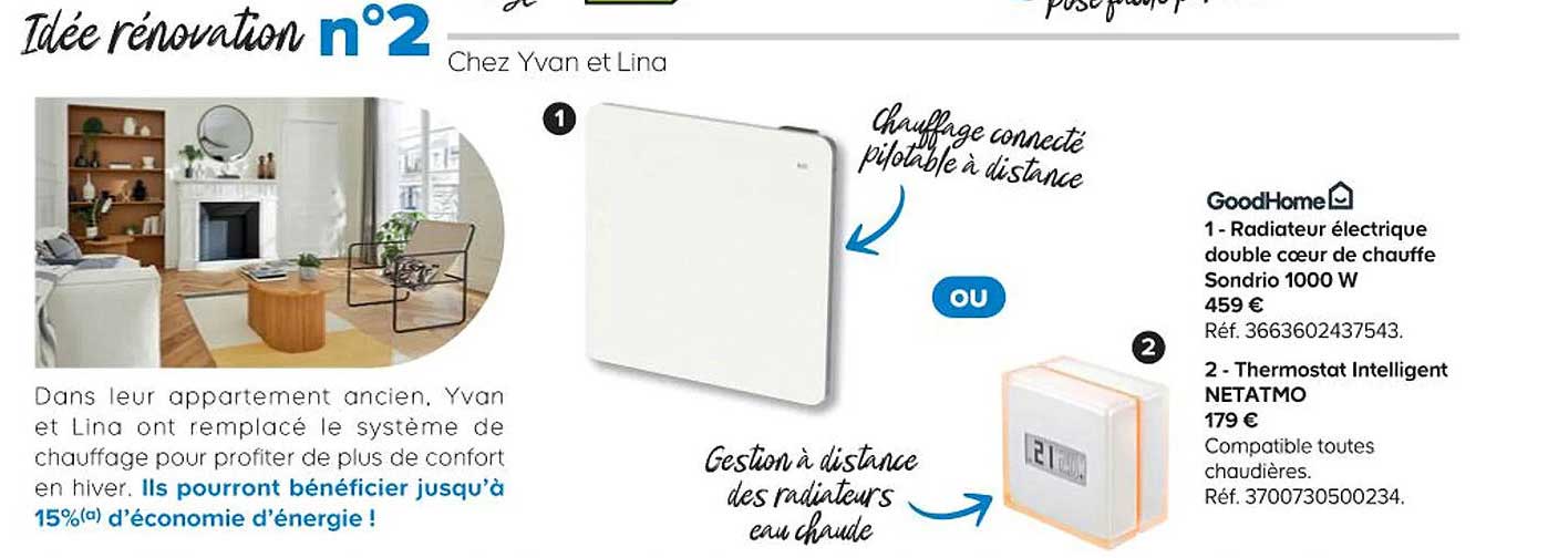 radiateur électrique double cœur de chauffe sondrio 1000w goodhome, thermostat intelligent netatmo goodhome
