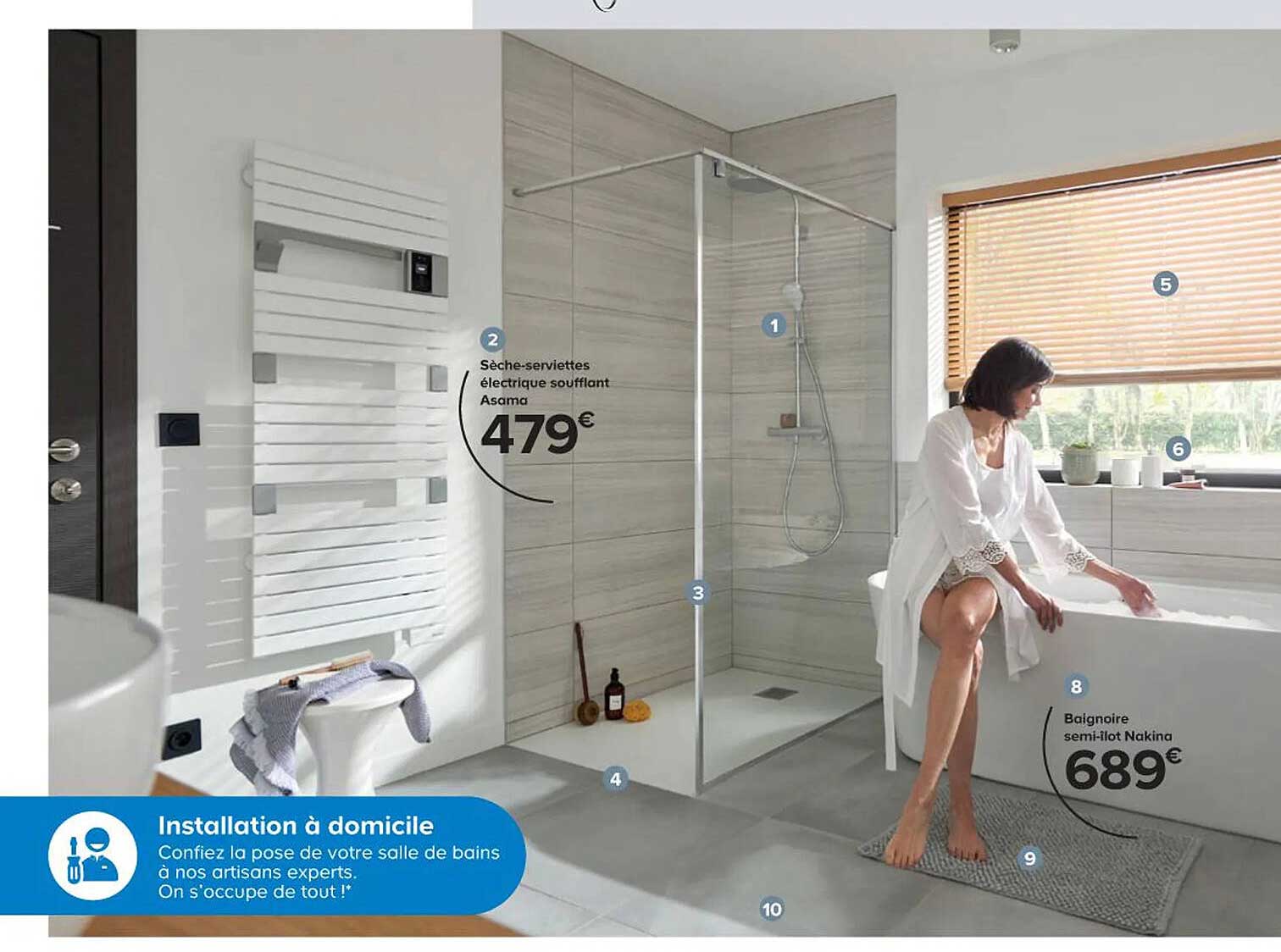 sèche-serviettes électrique soufflant asama, baignoire semi-îlot nakina