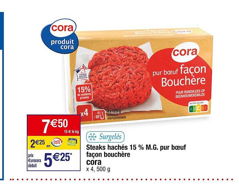 steaks hachés 15% m.g. pur bœuf façon bouchère cora