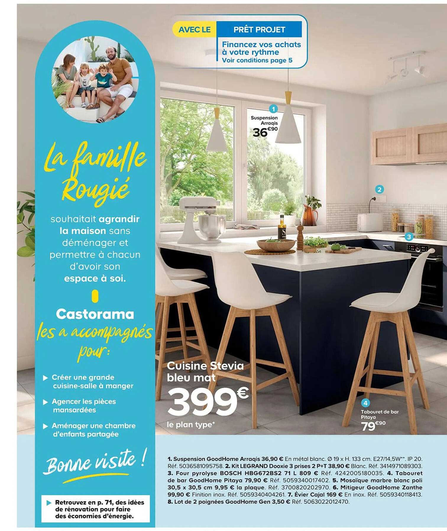 suspension arraqis, tabouret de bar pitaya, cuisine stevia bleu mat