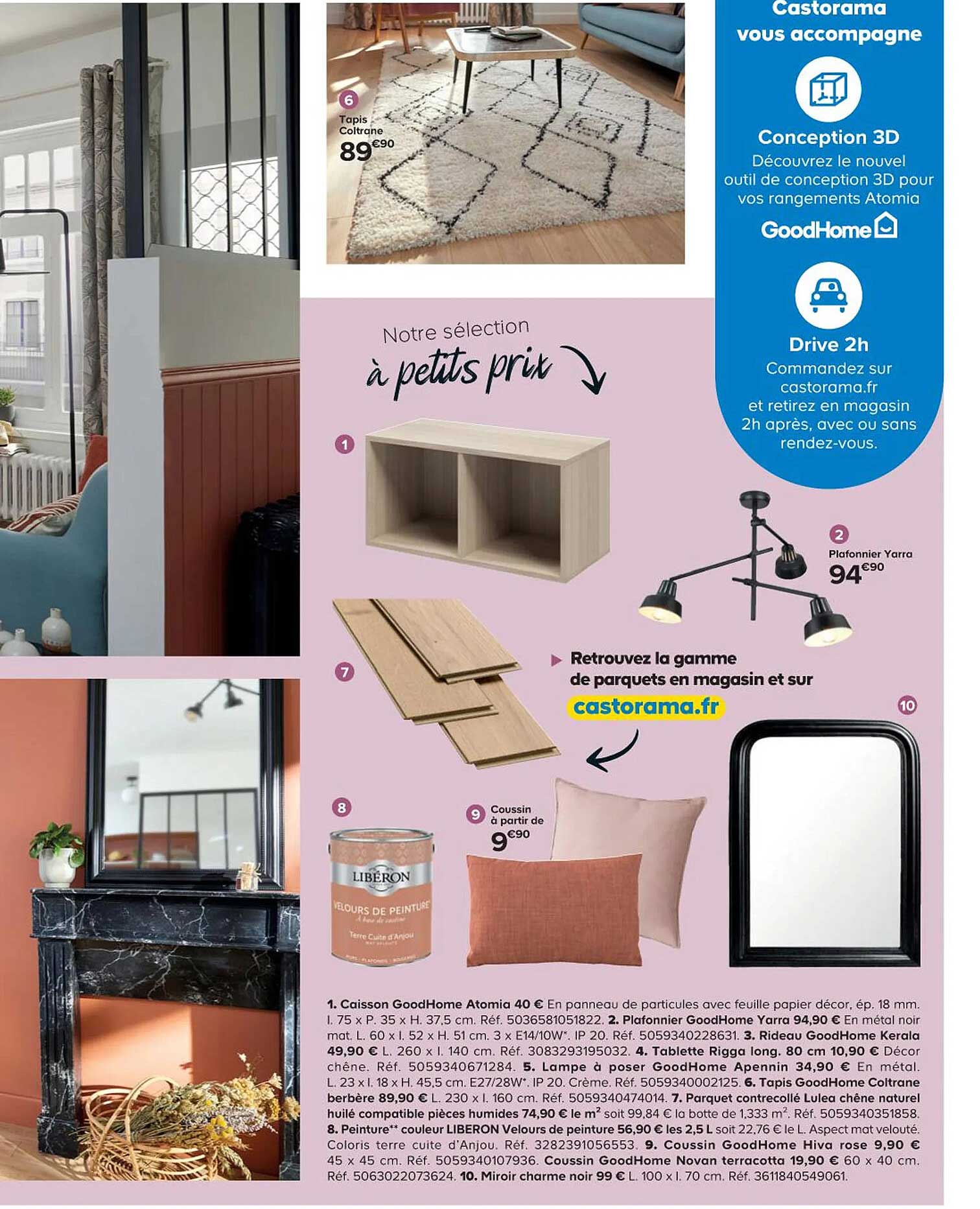 tapis coltrane, plafonnier yarra, coussin, caisson goodhome atomia, rideau goodhome kérala, tablette rigga long, lampe à poser goodhome apennin, parquet contrecollé lulea chêne naturel huilé