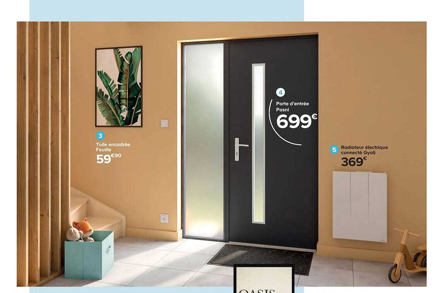 toile encadrée feuille, radiateur électrique connecté gyali, porte d'entrée pasni