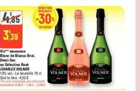 vin mousseux blanc de blancs brut, demi-sec ou sélection rosé charles volner