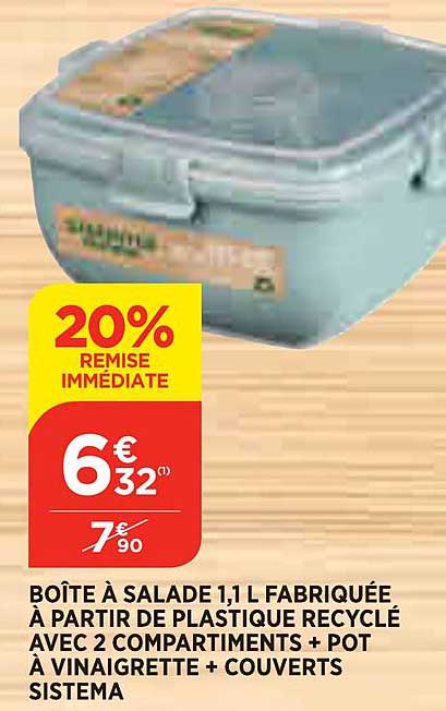 boîte à salade fabriquée à partir de plastique recyclé avec 2 compartiments + pot à vinaigrette + couverts sistema