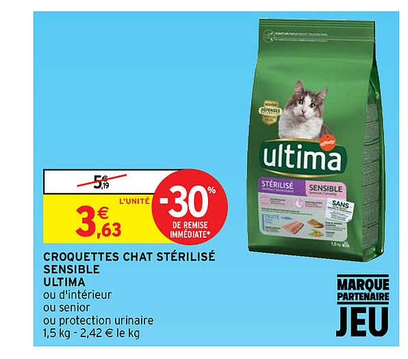 croquettes chat stérilisé sensible ultima