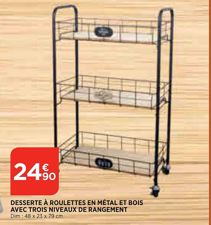 desserte à roulettes en métal et bois avec trois niveaux de rangement