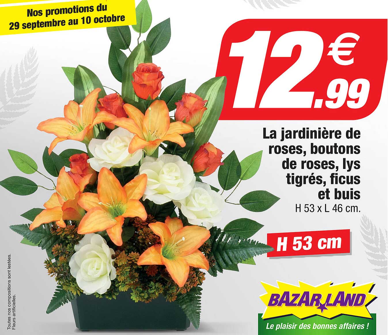 la jardinière de roses, boutons de roses, lys tigrés, ficus et buis