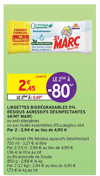 lingettes biodégradables 0% résidus agressifs désinfectantes saint marc
