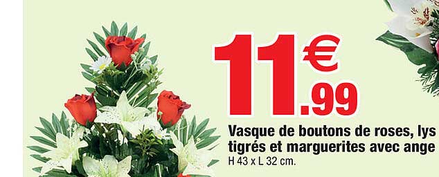 vasque de boutons de roses, lys tigrés et marguerites avec ange