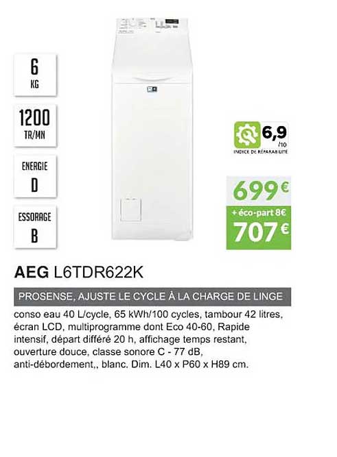 aeg l6tdr622k prosense, ajuste le cycle à la charge de linge