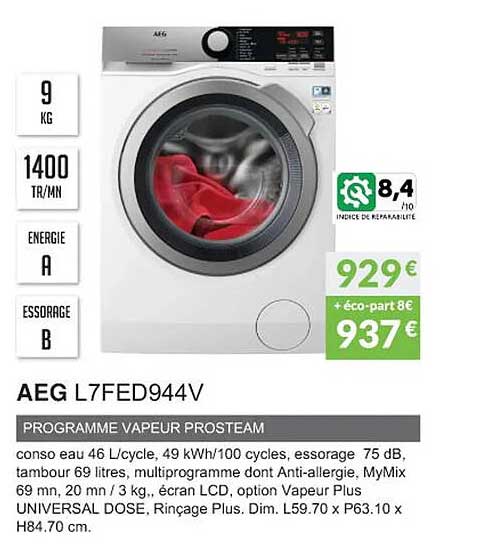 aeg l7fed944v programme vapeur prosteam