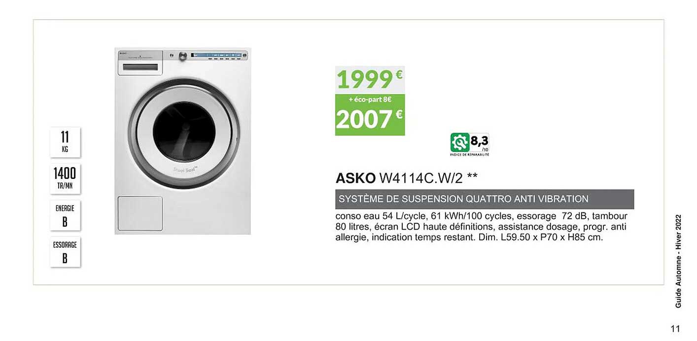 asko w4114c w-2 système de suspension quatro anti vibration