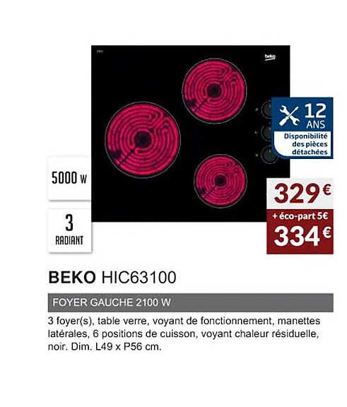 beko hic63100 foyer gauche 2100 w