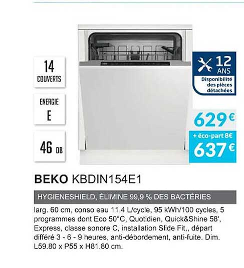 beko kbdin154e1 hygieneshield, élimine 99,9% des bactéries