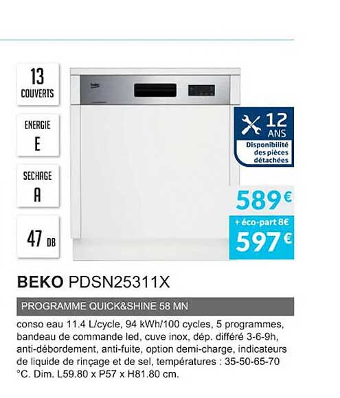 beko pdsn25311x programme quick & shine 58 mn