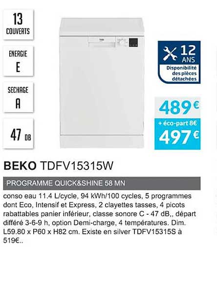 beko tdfv15315w programme quick & shine 58 mn
