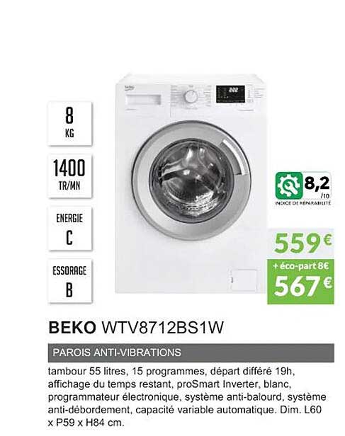 beko wtv8712bs1w parois anti-vibrations