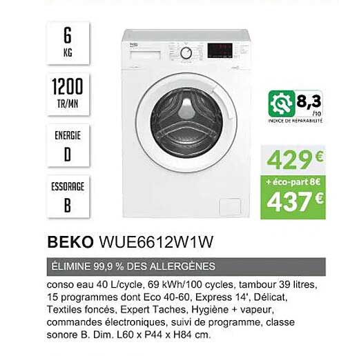 beko wue6612w1w élimine 99,9% des allergènes