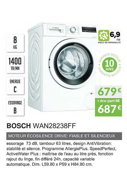 bosch wan28238ff moteur écosilence drive : fiable et silencieux