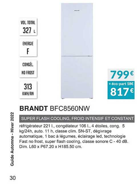 brandt bfc8560nw super flash cooling, froid intensif et constant
