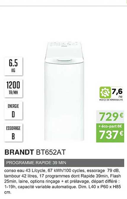 brandt bt652at programme rapide 39 min