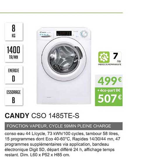 candy cso 1485te-s fonction vapeur, cycle 59 min pleine charge
