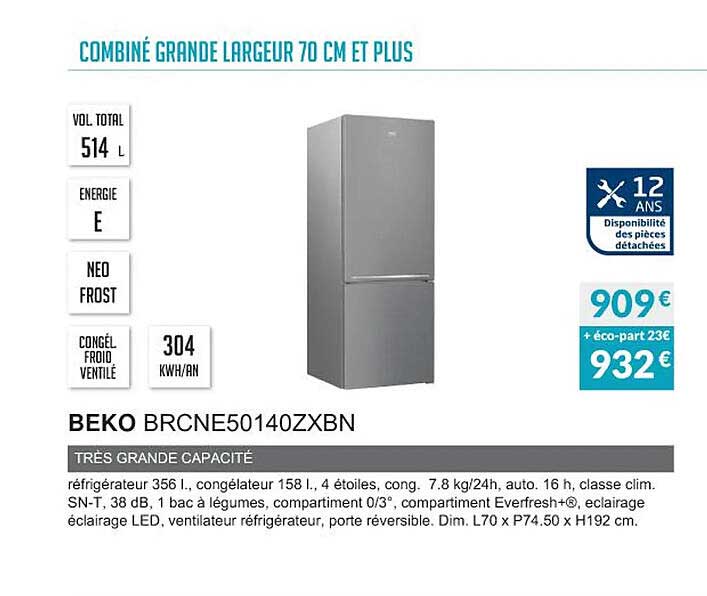 combiné grande largeur 70 cm et plus beko brcne50140zxbn