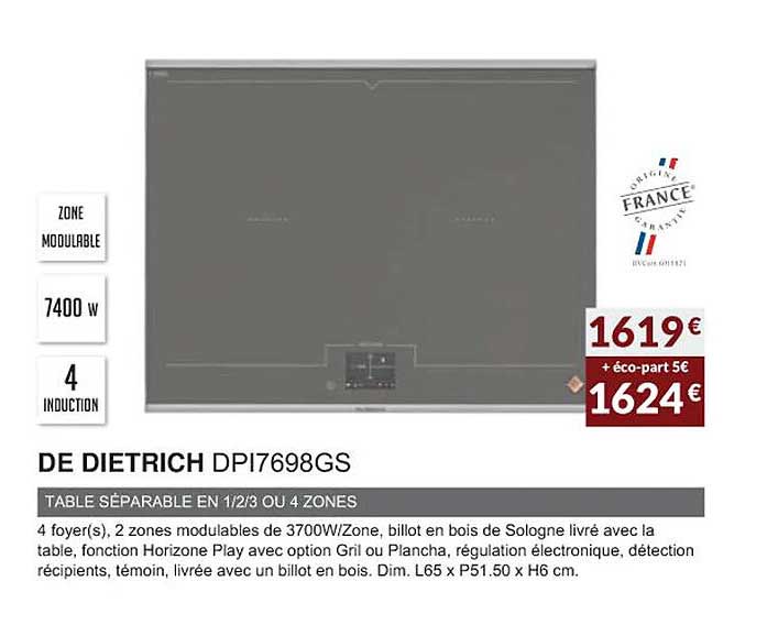 de dietrich dpi7698gs table séparable en 1-2-3 ou 4 zones