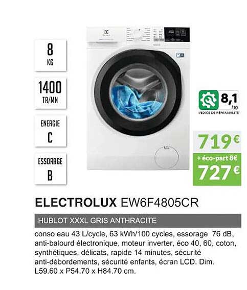electrolux ew6f4805cr hublot xxxl gris anthracite