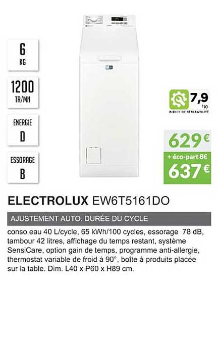 electrolux ew6t5161do ajustement auto, durée de cycle