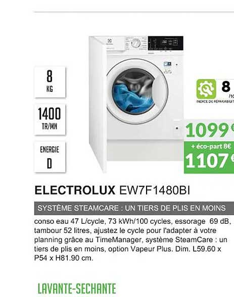 electrolux ew7f1480bi système steamcare : un tiers de plis en moins