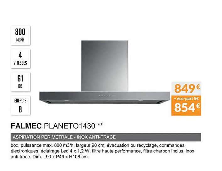 falmec planeto1430 aspiration périmétrale - inox anti-trace