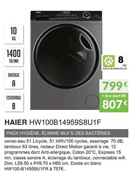 haier hw100b14959s8u1f pack hygiène, élimine 99,8% des bactéries