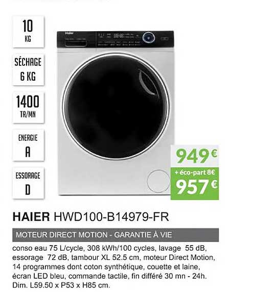 haier hwd100-b14979-fr moteur direct motion - garantie à vie
