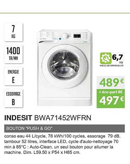 Indesit Bwa71452wfrn Bouton "push & Go"