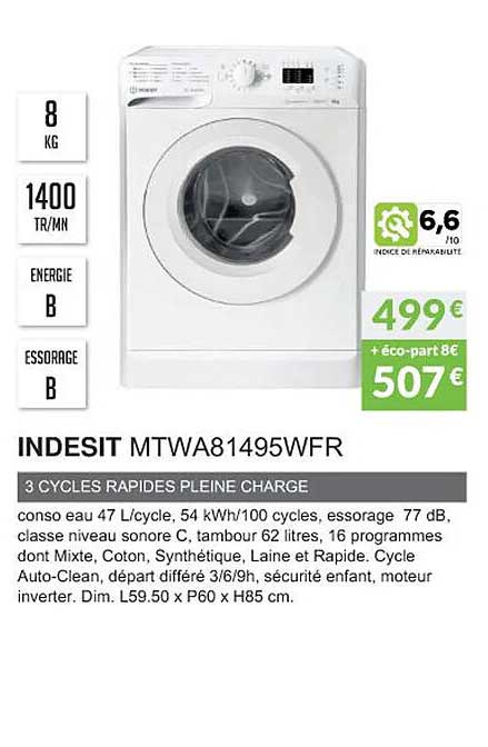 indesit mtwa81495wfr 3 cylces rapides pleine charge