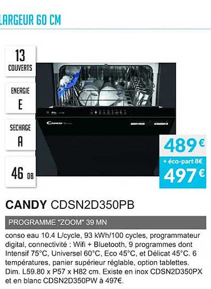 largeur 60 cm candy cdsn2d350pb