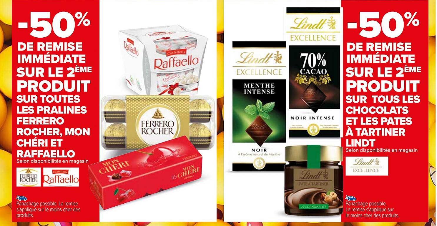les pralines ferrero rocher, mon chéri et raffaello, les chocolats et les pâtes à tartiner lindt