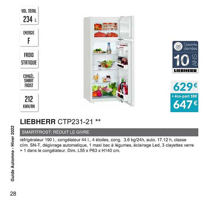 liebherr ctp231-21 smartfrost : réduit le givre