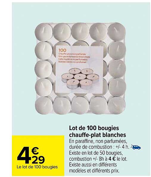 lot de 100 bougies chauffe-plat blanches