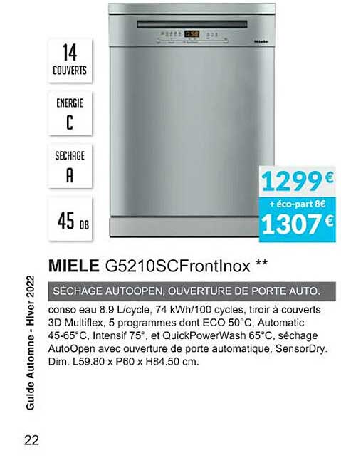 miele g5210scFrontInox séchage autoopen, ouverture de porte auto