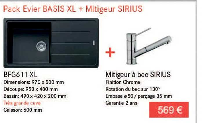 pack évier basis xl + mitigeur sirius