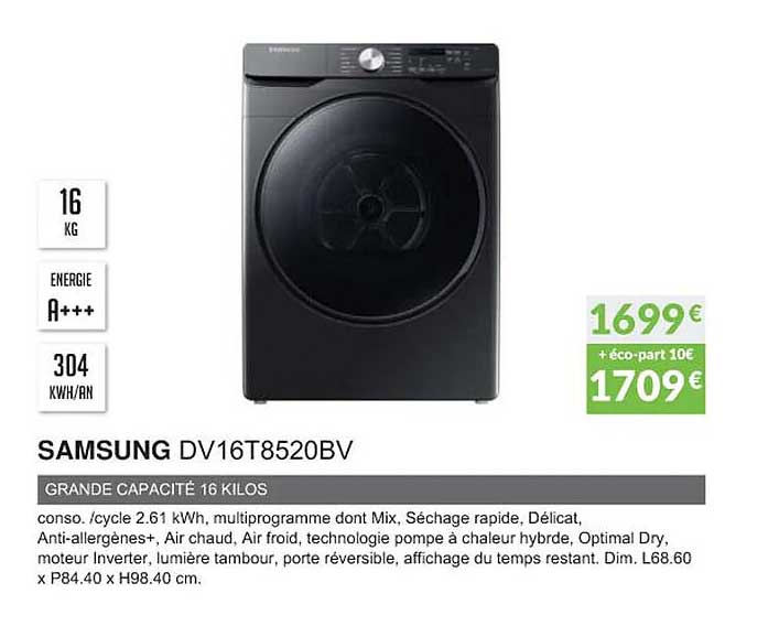 samsung dv16t8520bv grande capacité 16 kilos